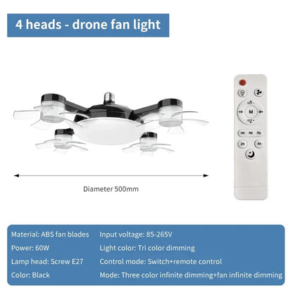 Ampoule Ventilateur E27 2-en-1 60W – Ventilateur de plafond design drone avec télécommande