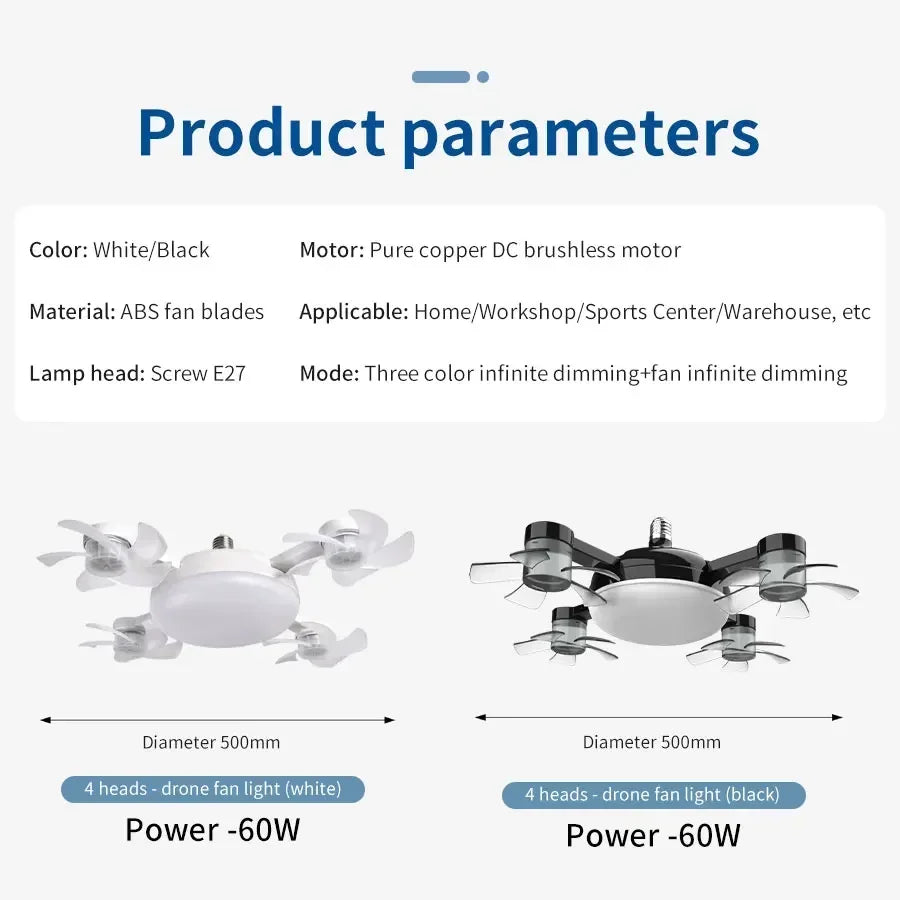 Ampoule Ventilateur E27 2-en-1 60W – Ventilateur de plafond design drone avec télécommande