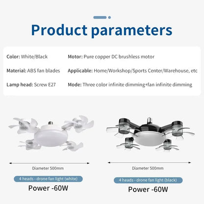 Ampoule Ventilateur E27 2-en-1 60W – Ventilateur de plafond design drone avec télécommande