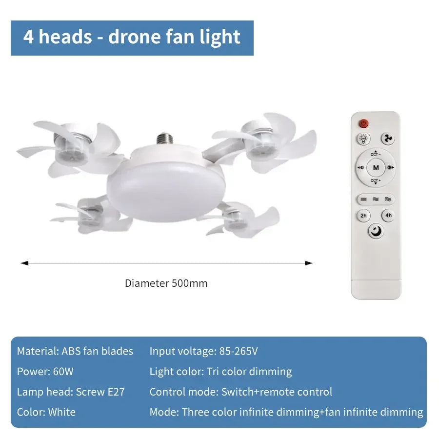 Ampoule Ventilateur E27 2-en-1 60W – Ventilateur de plafond design drone avec télécommande